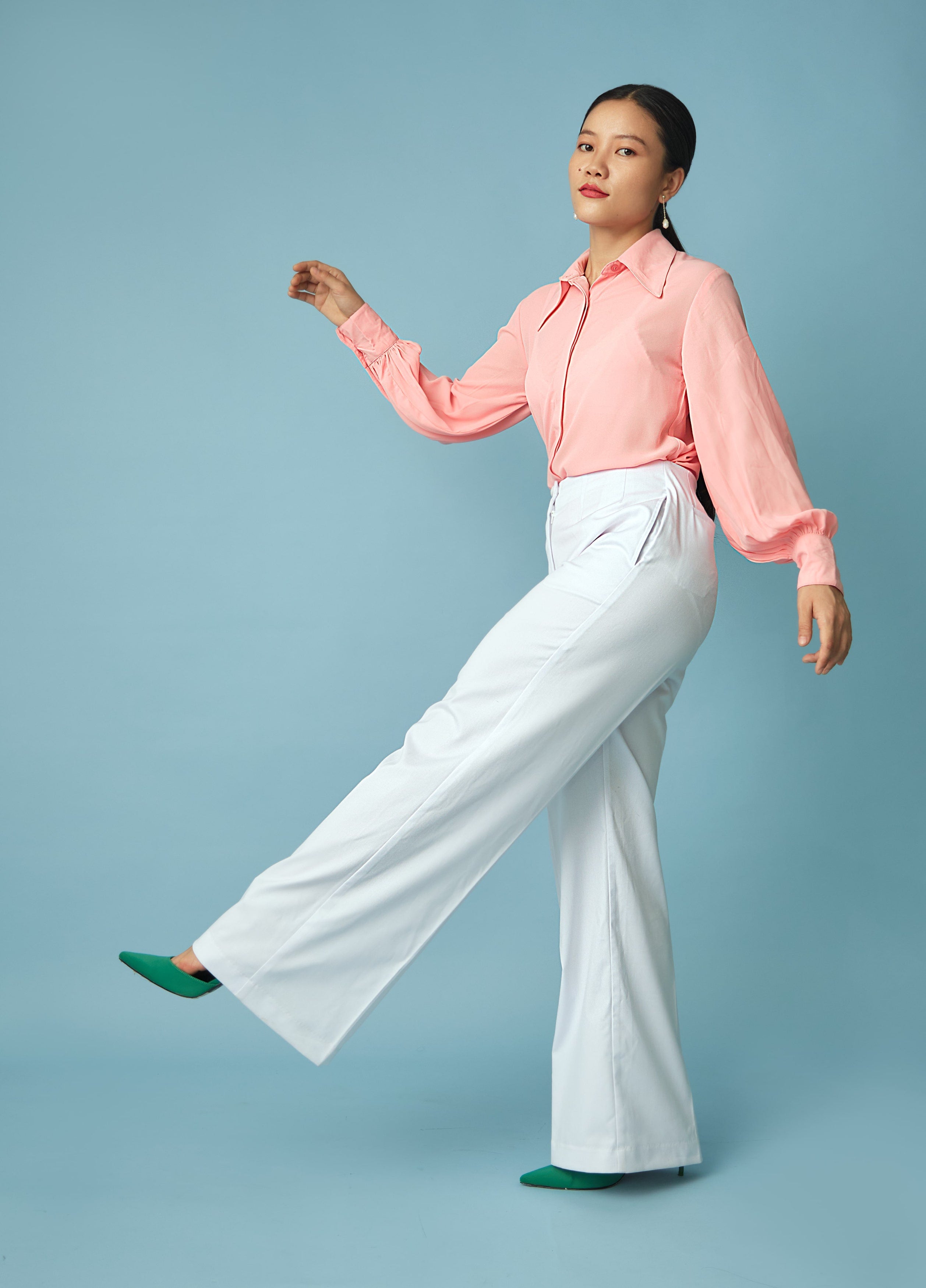 pink shirt white trousers for women