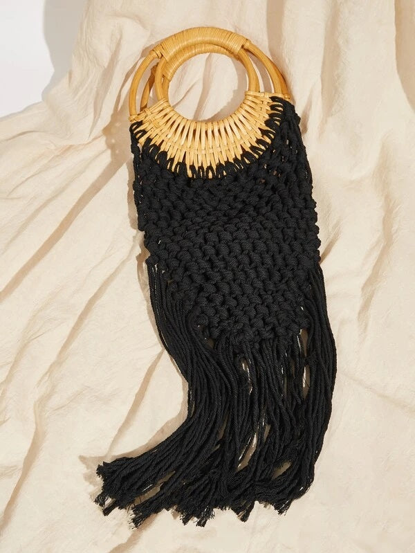 CM-BGS127625 Women Trendy Bohemian Style Fringe Decor Woven Satchel Bag - Black