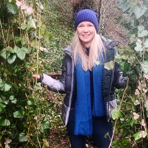 Naomi in our Knitted Hat in Cornflower Blue