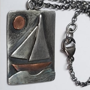 Sailboat Necklace in Oxidized Sterling Silver and Copper, Repurposed Artisan Jewelry