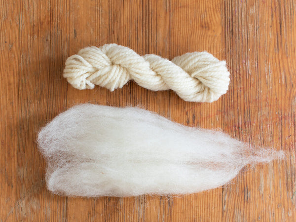 Dorset Horn wool tops and hand-spun yarn sample