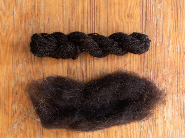 Black Jacobs wool tops and hand-spun yarn sample