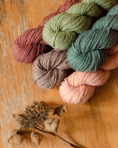 Five skeins of hand-dyed British wool yarn in pinky red-brown, peridot green, a pinky taupe, a dark bluish green and a peachy pink