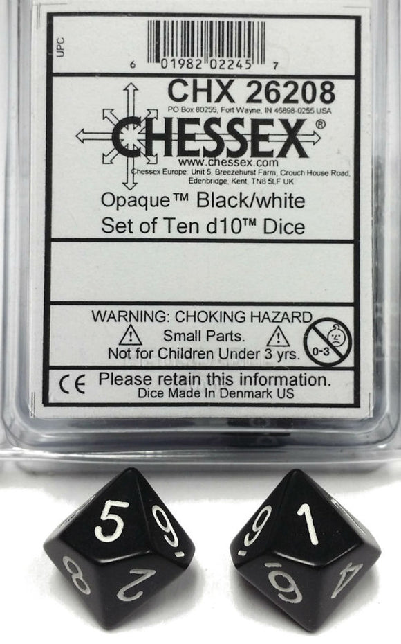 Chessex Dice - Opaque d10 Set Black with White