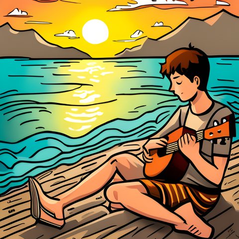 A teenager playing the ukulele by the sea.