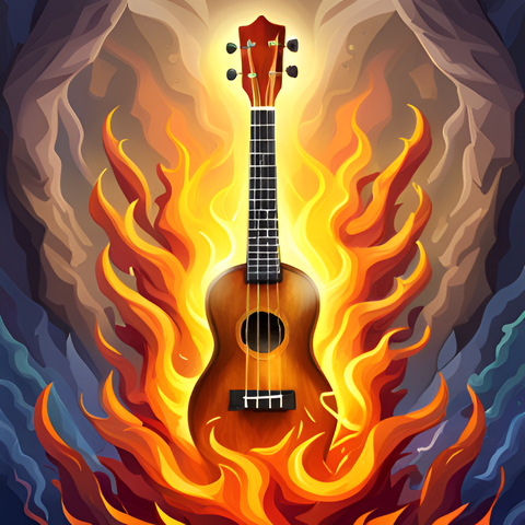 a ukulele rising from the flames