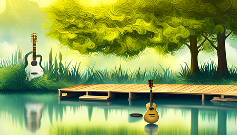 Ukulele and guitar on a lake