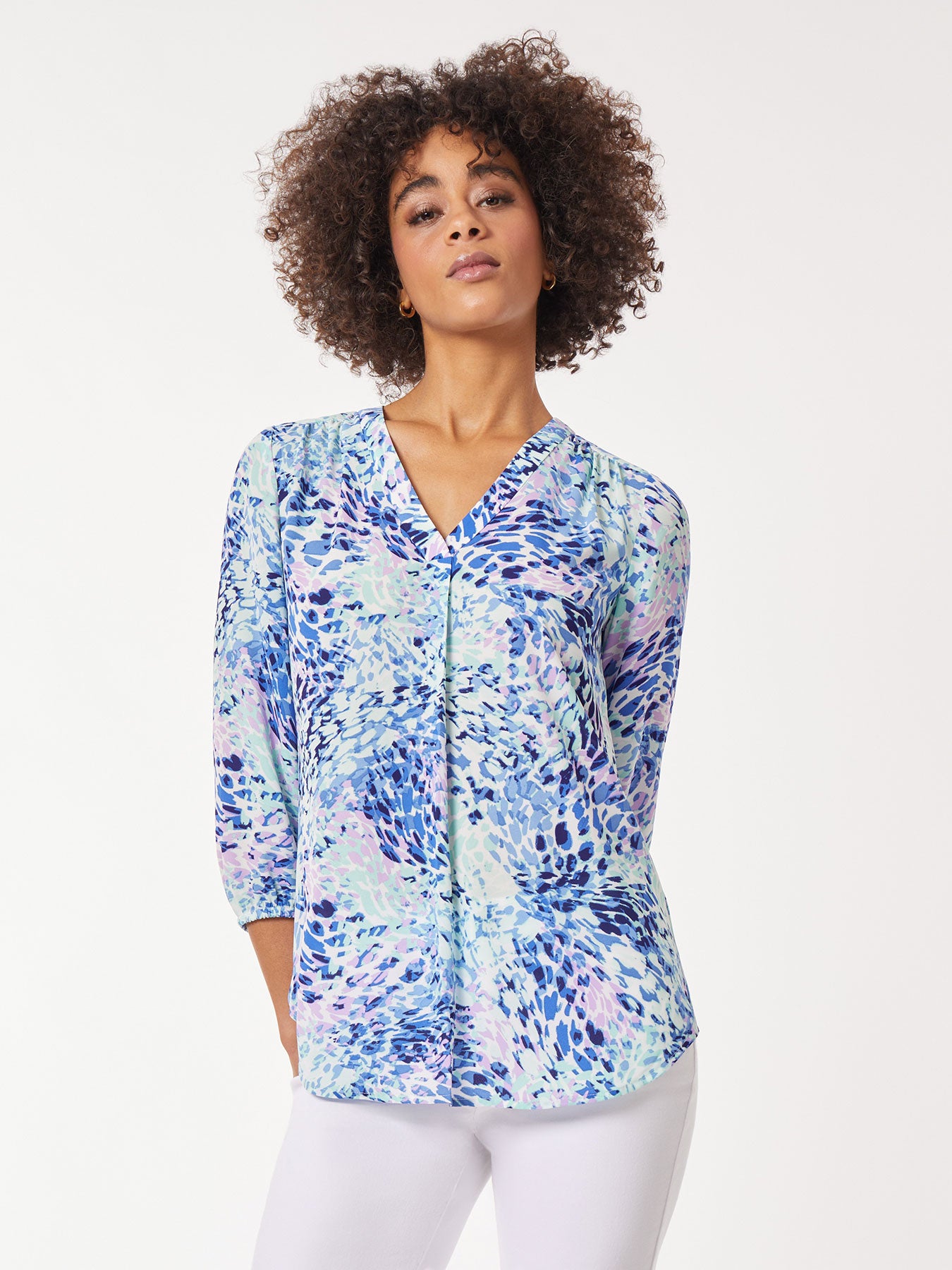 Printed V-Neck Pleated Kelly Blouse