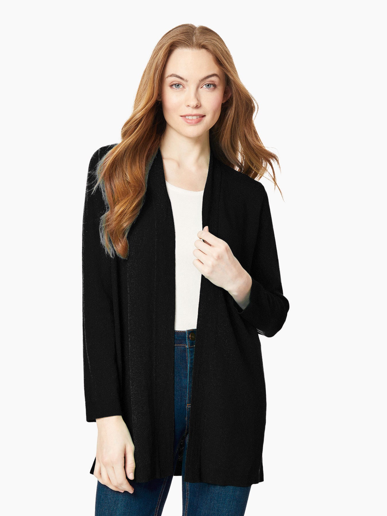 Image of Plus Size Open-Front Ribbed Trim Knit Cardigan