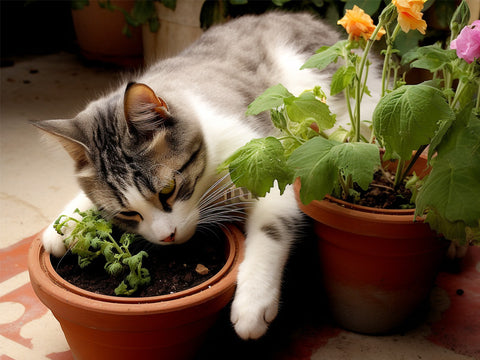 the-cat-is-attracted-by-the-smell-of-the-plants-in-the-planter