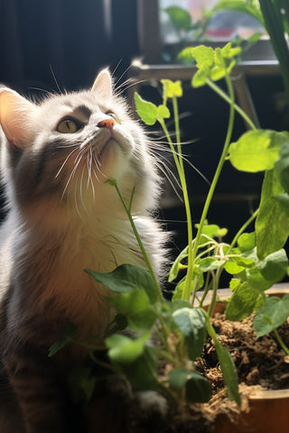 the-cat-is-attracted-by-the-swaying-plants-in-the-flowerpot