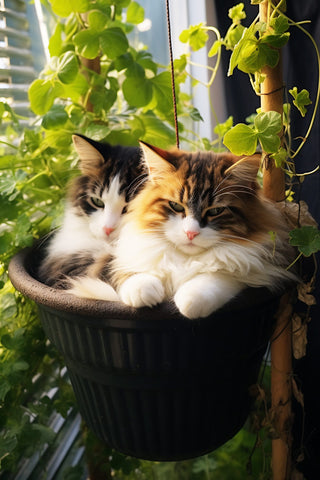 two-cats-quietly-lying-in-high-flowerpots