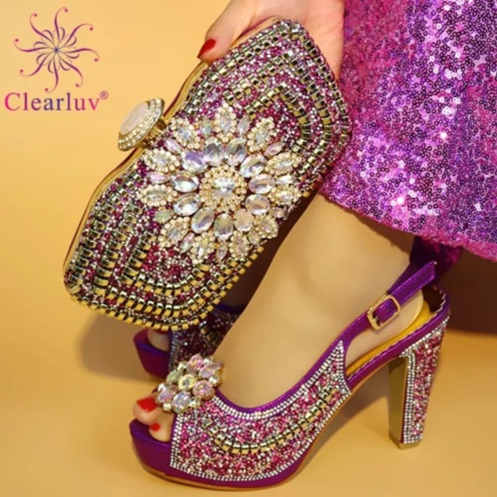 purple evening shoes and matching bag