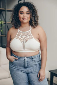 Floral Cut Out High Neck Bralette- Ivory