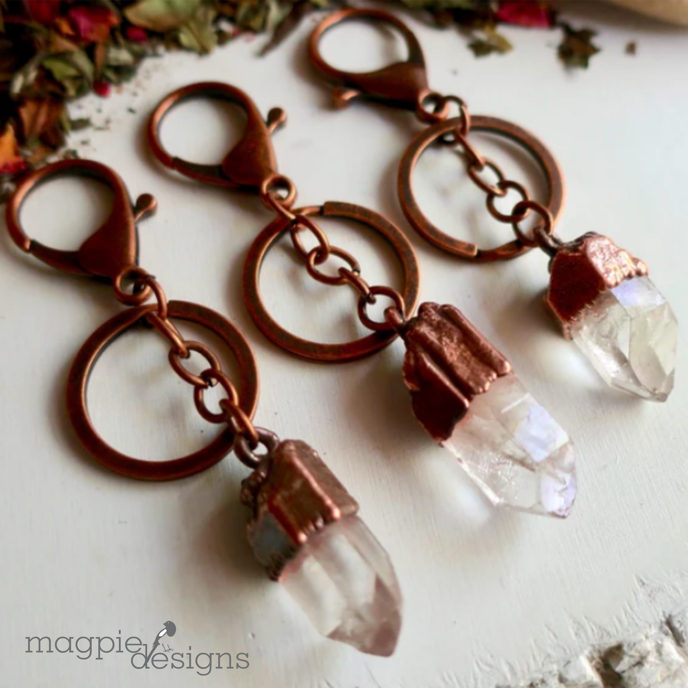 Clear Quartz Keychain. Magpie Designs a boutique clothing and gift store located in downtown Gillette, Wyoming