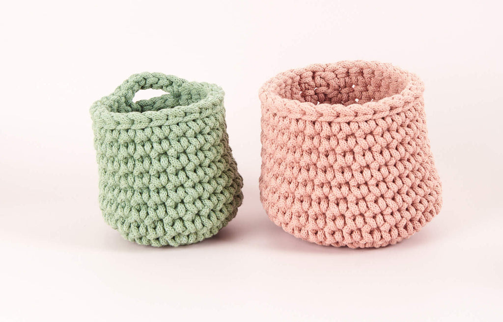Mint green and pink crochet pots