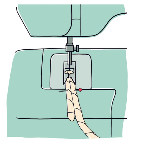 illustration of textile cord pinned into "u" shape, fed into sewing machine