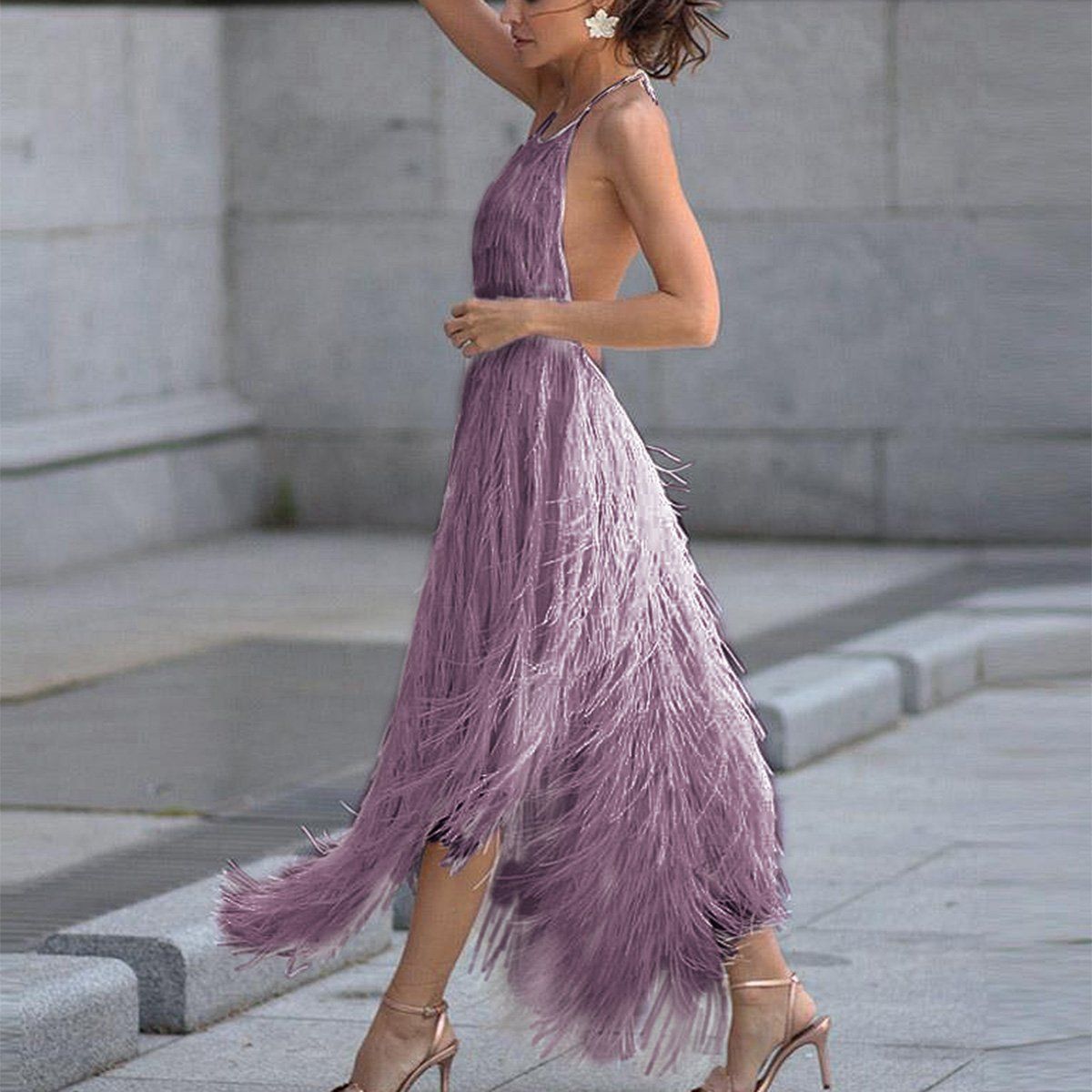 sexy backless tassel purple maxi dress