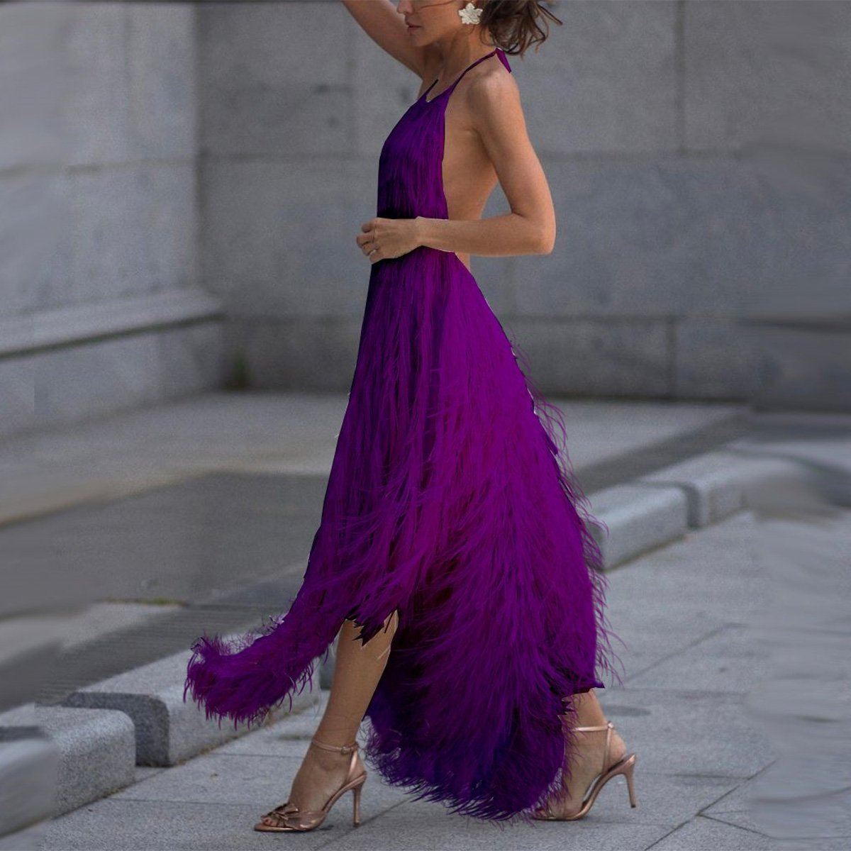 sexy backless tassel purple maxi dress