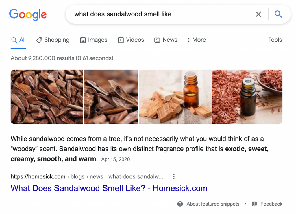 Featured snippet example SERP features 