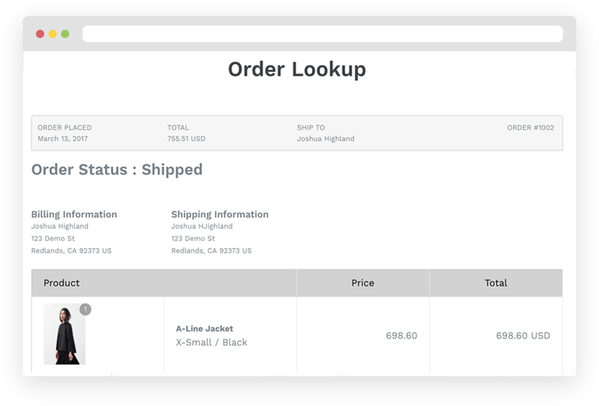 Orderlookup for Shopify Demo