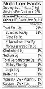 Palm Shortening Nutrition Label