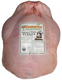 Picture of one frozen Organic Pastured Free Range Turkey raised on Cocofeed with no soy by family farmers in Wisconsin during the summer