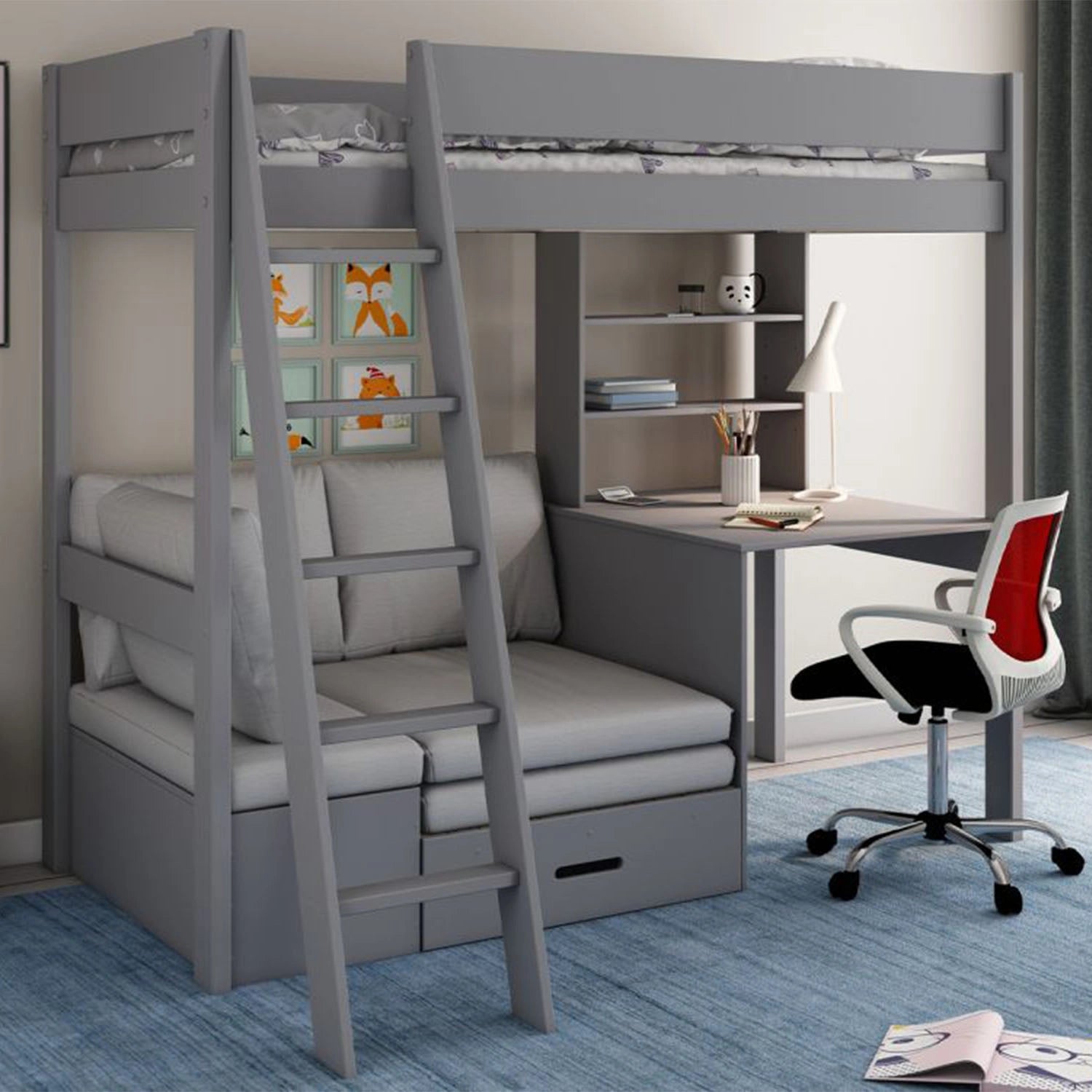 An image of Estella Grey High sleeper Bed with Desk, Sofa & Storage