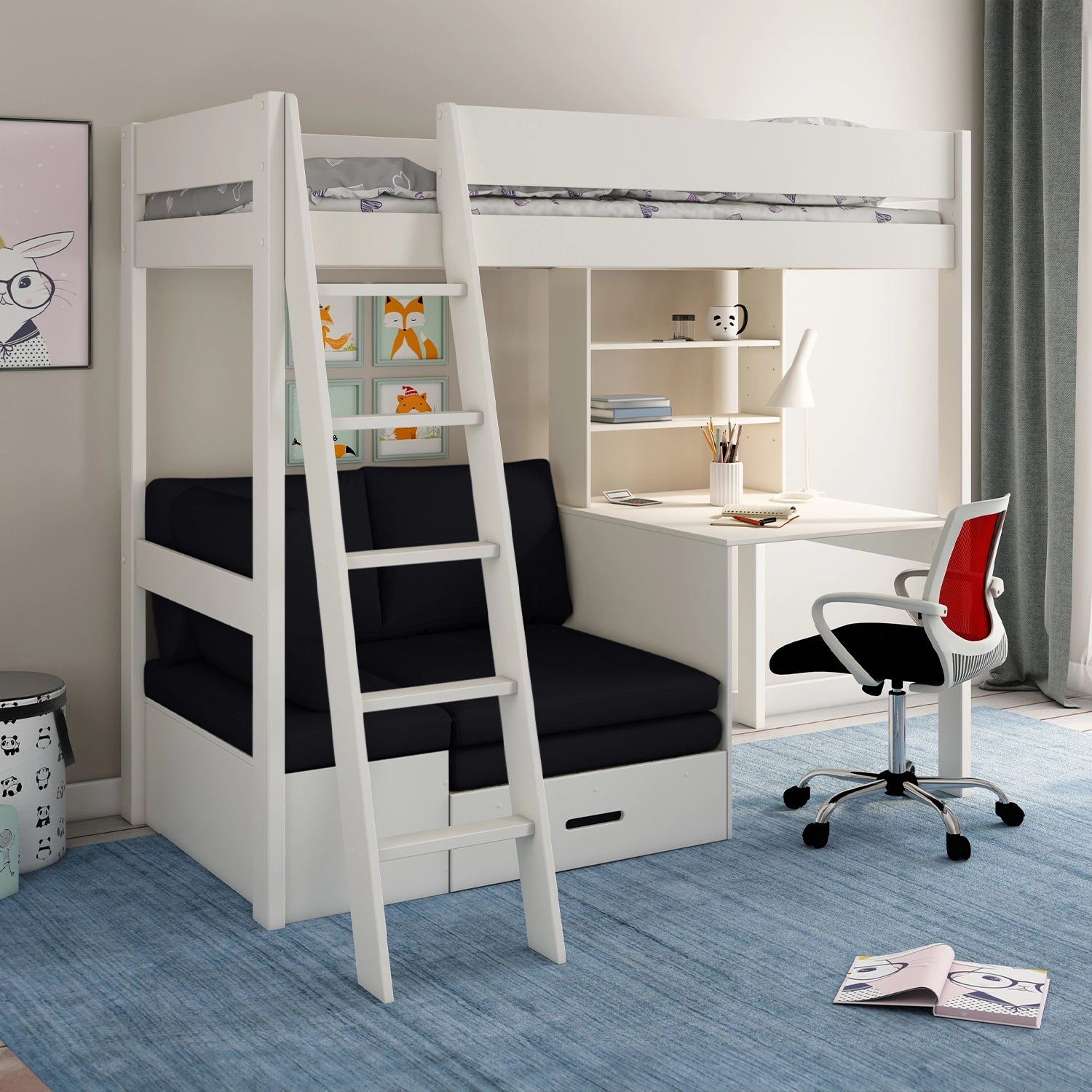 An image of Estella High Sleeper Bed with Storage, Desk & Futon Black Futon