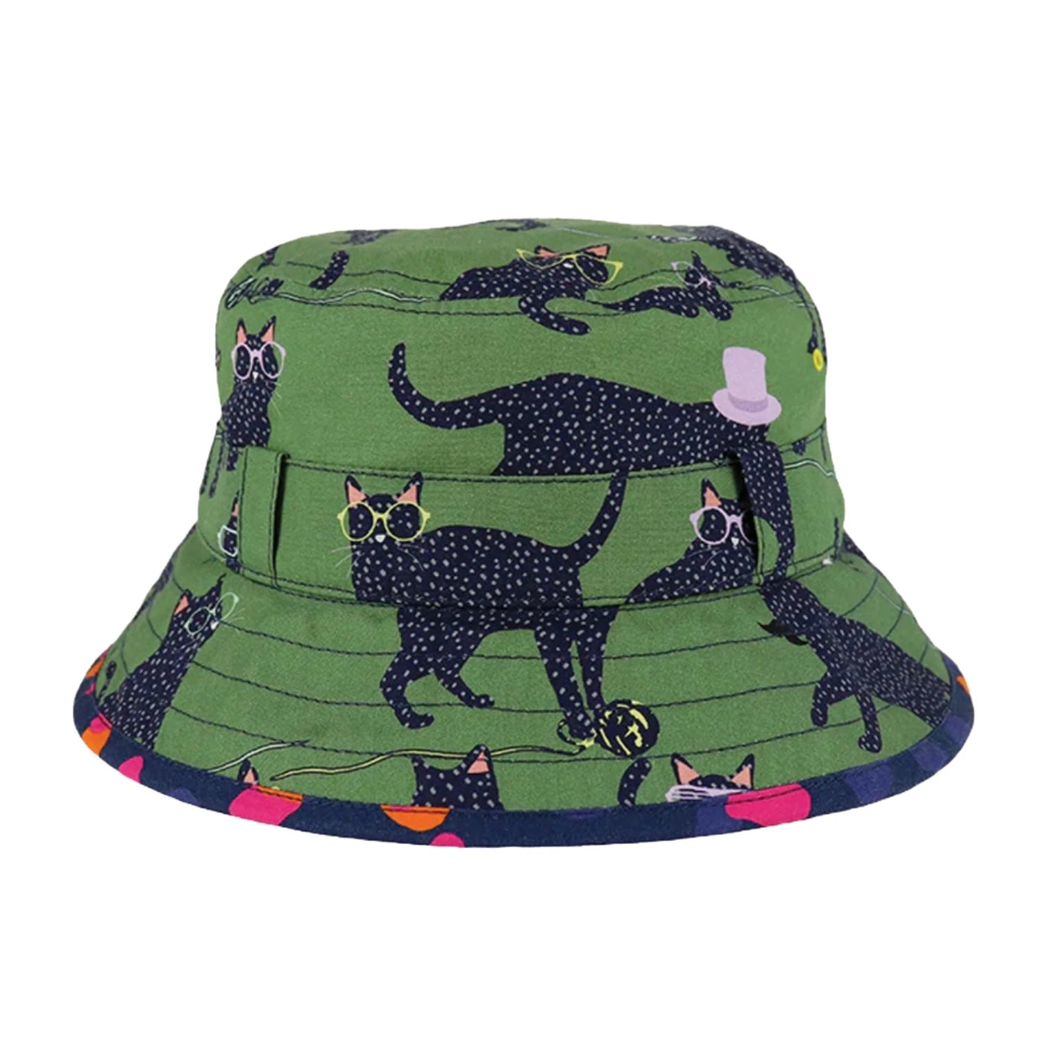 An image of Little Hotdog Watson Kids Bucket Hat - Fun Green Cat Print 6-12M (45CM)