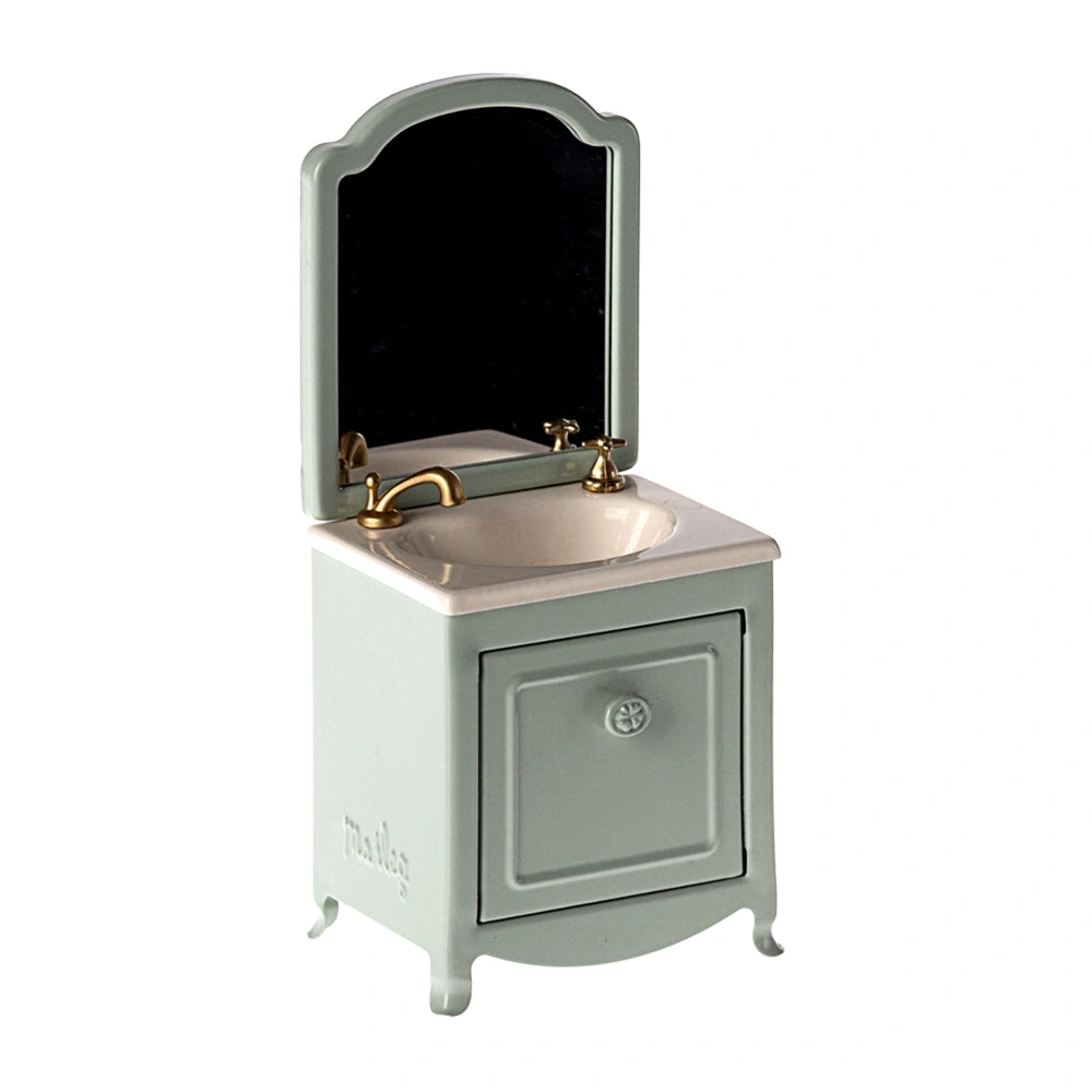 An image of Maileg Miniature Sink Dresser with Mirror for Mouse - Mint