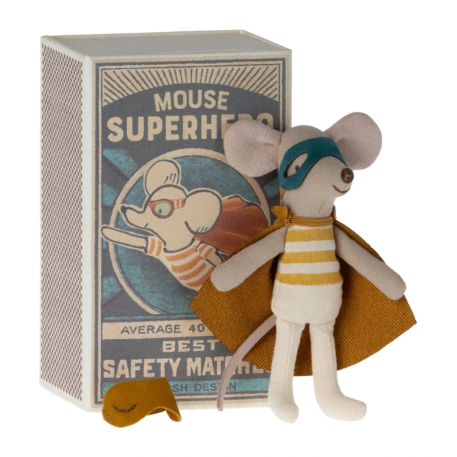 An image of Maileg Superhero Mouse in Matchbox Bed with Masks