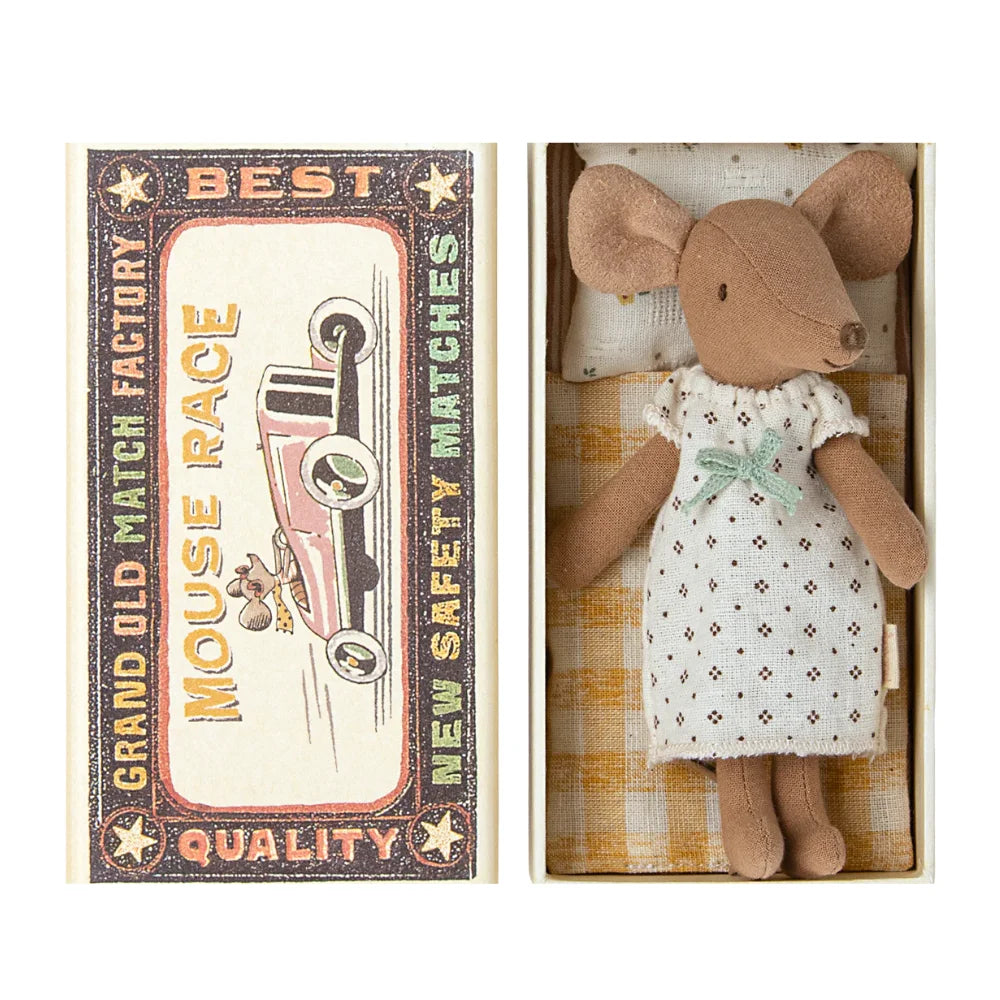 An image of Maileg Soft Toys - Big Sister Mouse in Matchbox - Mouse Toys | Maileg