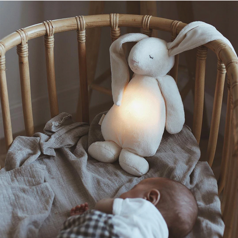 Baby sleeping in Moses basket with stuffed white rabbit glowing nightlight