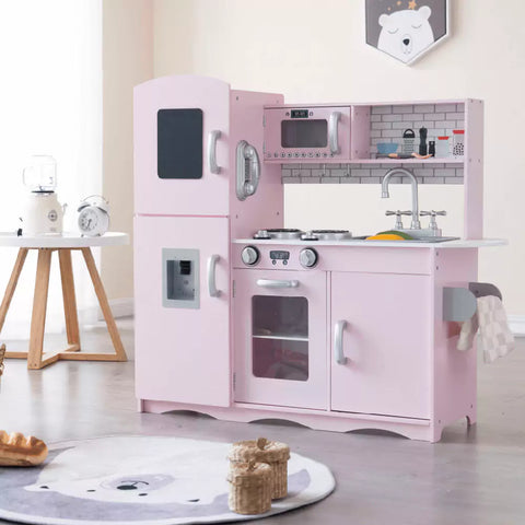 Pink Wooden Play Kitchen (with 10 Utensils)