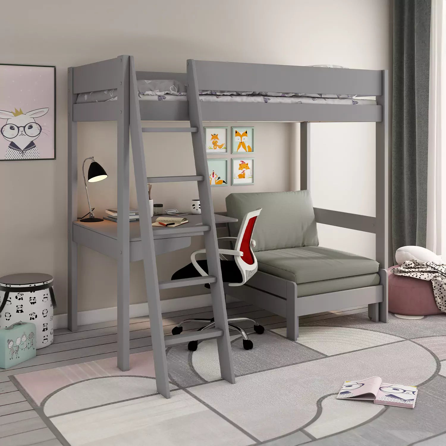 An image of Buy Kids Avenue Estella High Sleeper 1 with Sofa & Desk – Grey