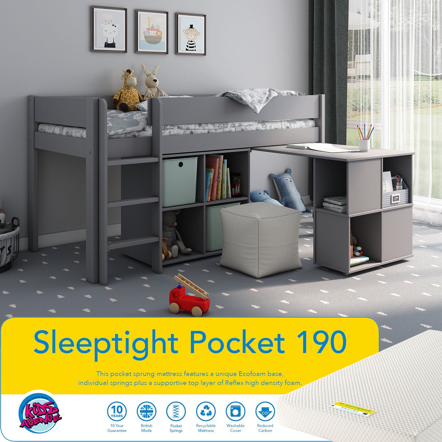 An image of Estella Grey Mid Sleeper Bed with Pull Out Desk With Pocket Mattress