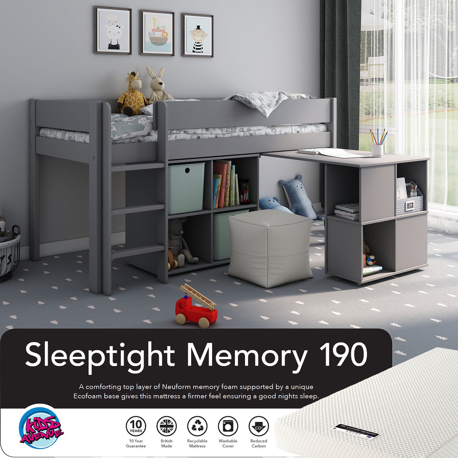 An image of Estella Grey Mid Sleeper Bed with Pull Out Desk With Memory Mattress