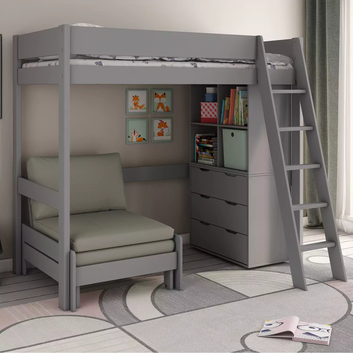 An image of Buy Estella High Sleeper 2 with Sofa Bed, Drawer & Storage