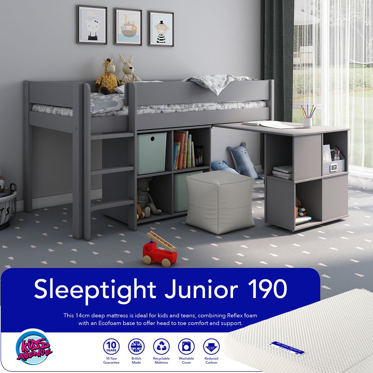 An image of Estella Grey Mid Sleeper Bed with Pull Out Desk With Junior Mattress