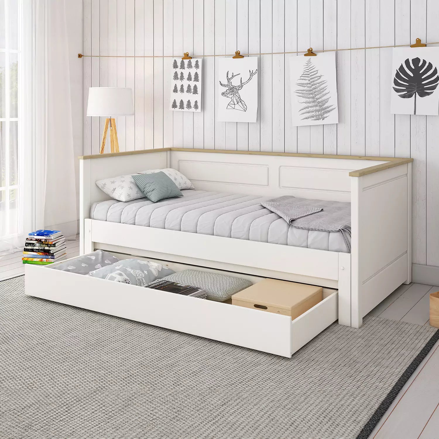 An image of Heritage Extending Day Bed with Drawer - White & Oak