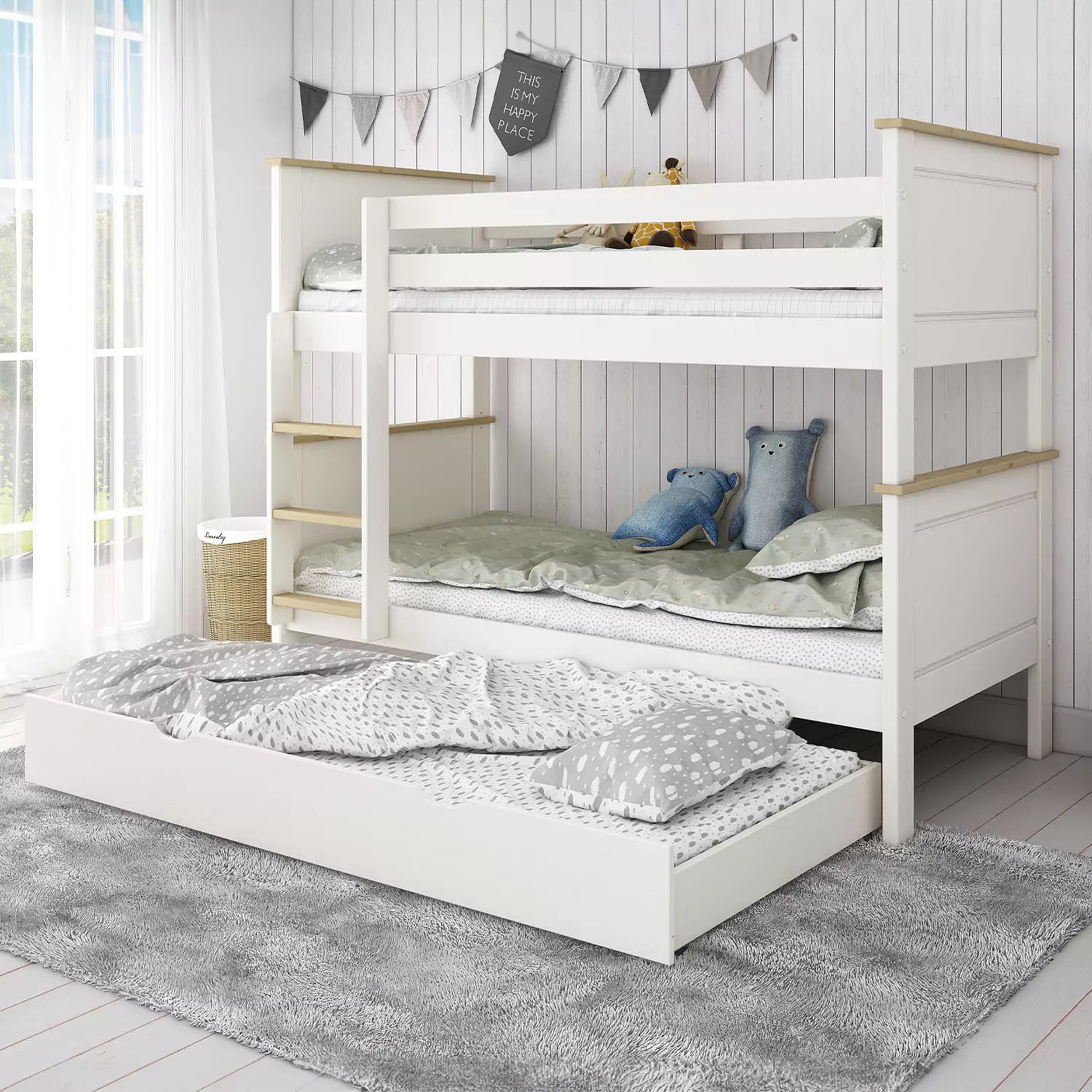 An image of Heritage Trundle Bunk Bed 2 with Drawer - White & Oak