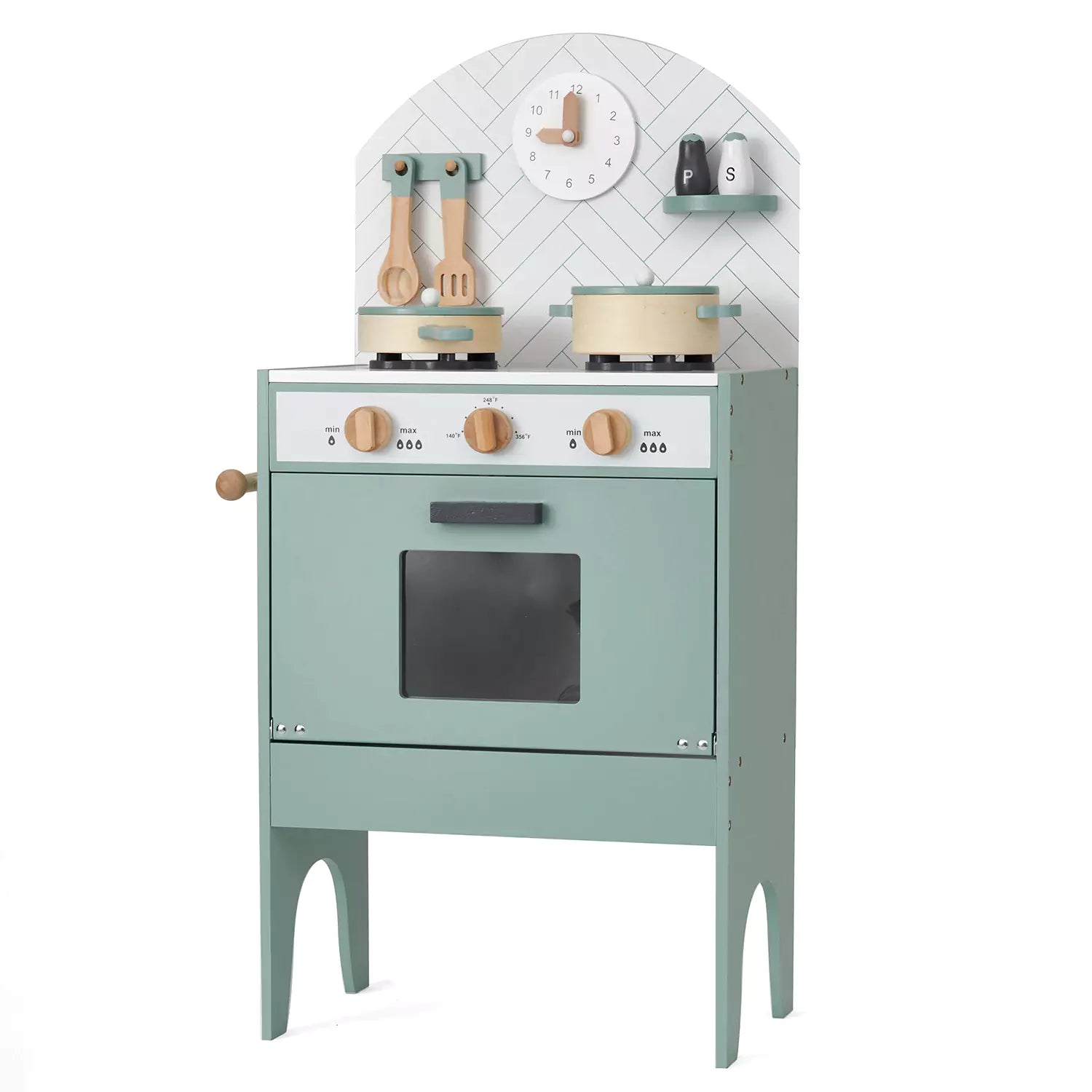 An image of Wooden Toy Kitchen in Mint with 7 Utensils - Award Winning Toys