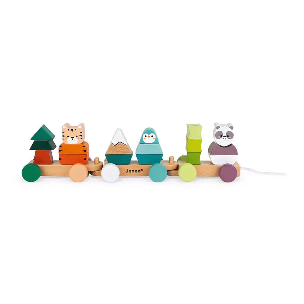 An image of Janod Wooden Animal Pull-Along Train & Stacking Toy for Kids