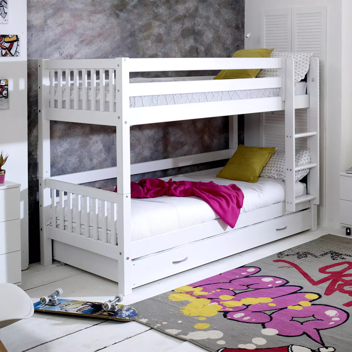 An image of Nordic Bunk Bed with Trundle Drawer - White