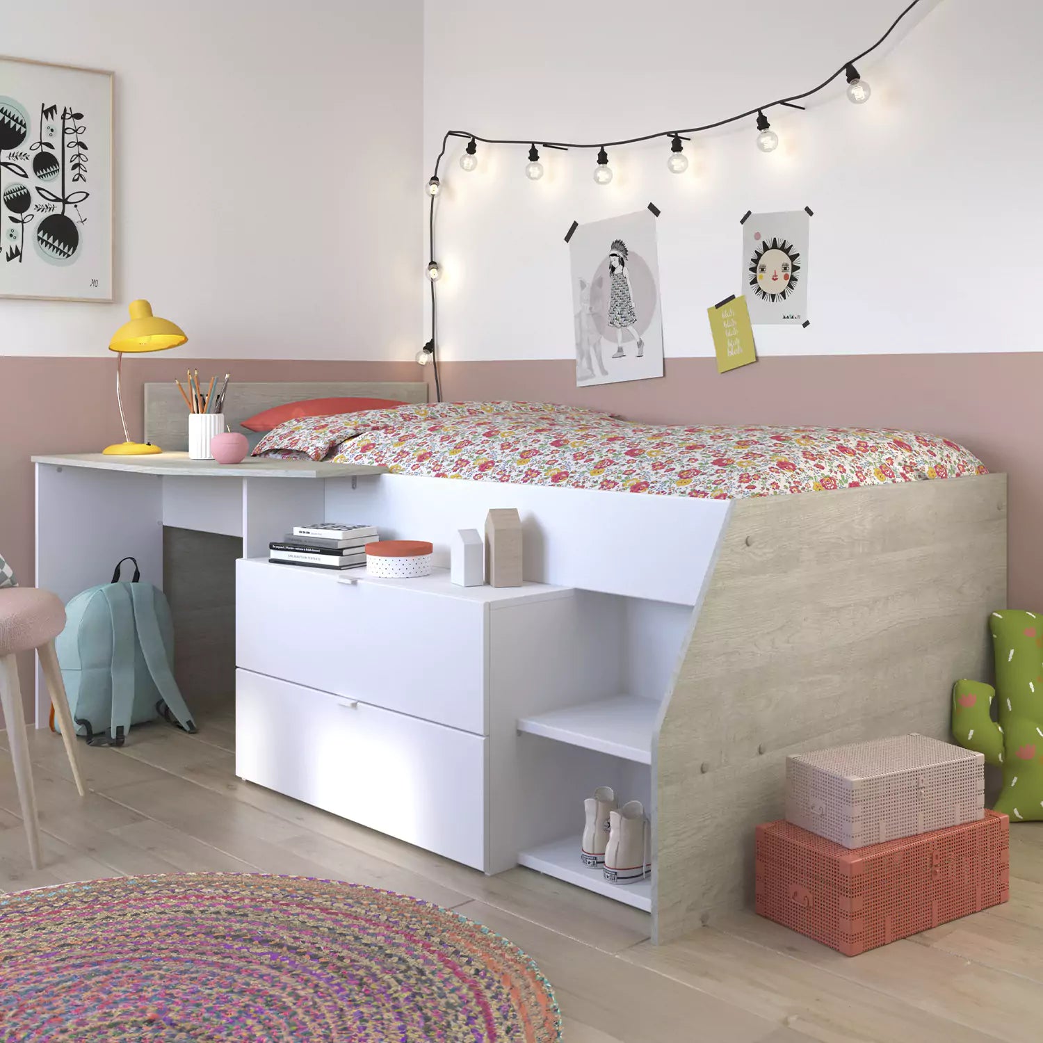 An image of Parisot Milky Mid Sleeper Bed with Desk and Drawers