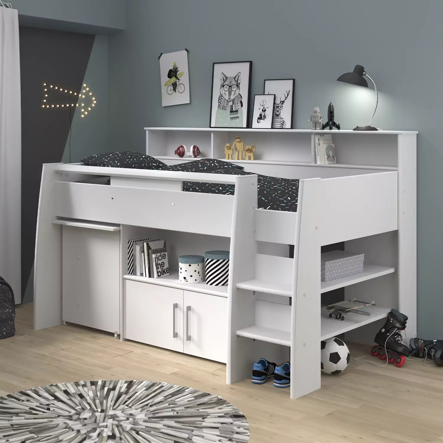 An image of Buy Parisot Swan Mid Sleeper Bed with Desk & Shelves