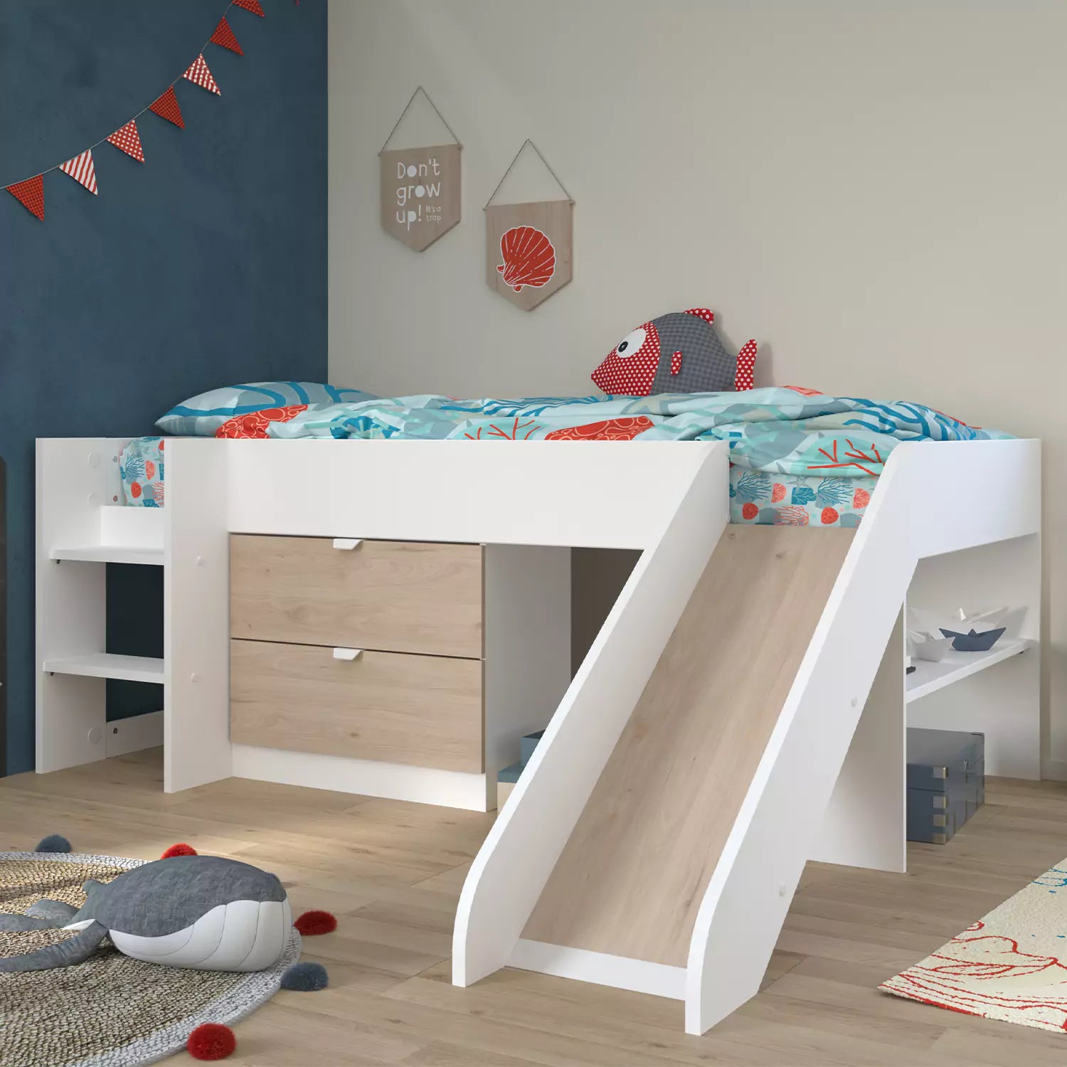 An image of Parisot Tobo Mid Sleeper Bed with Slide & Drawers