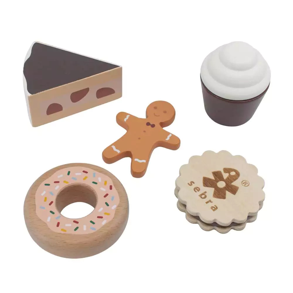 An image of Sebra Wooden Cake Toy & Cookies Set - 5 Piece Toy Food