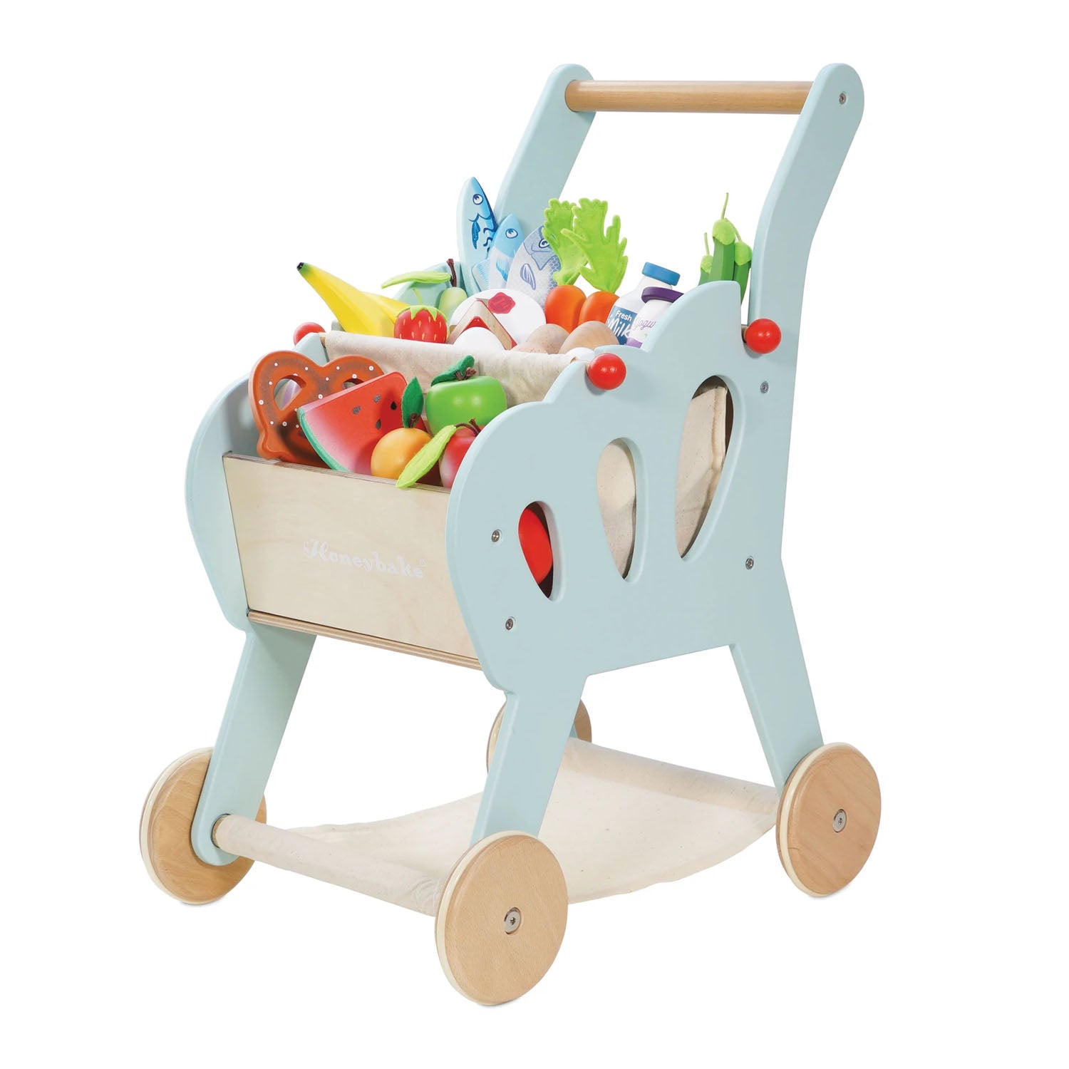 An image of Wooden Shopping Trolley for Kids - Pretend Play Grocery Store